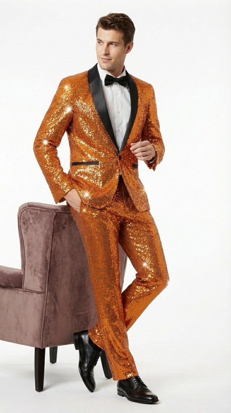 Mens Orange Sequin Tuxedo Suit – Shiny Wedding Suit Set with Black Lapel for Prom, Party, Gala and Formal Evening Wear - Goldish Orange - 34 Short or Extra Small