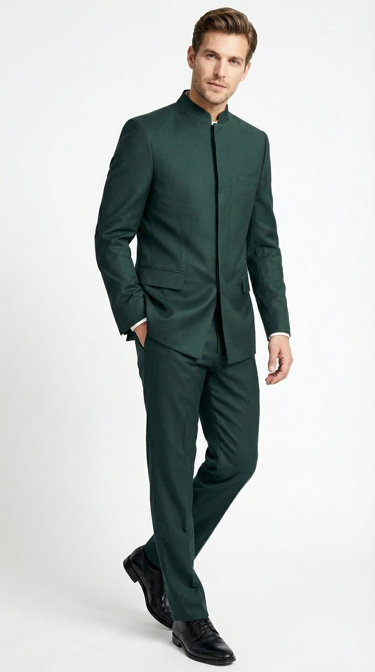 Men’s Olive Green Tuxedo Mandarin Collar Suit – Modern Nehru Style Formal Suit for Wedding Banded Collar - 34 Short or Extra Small