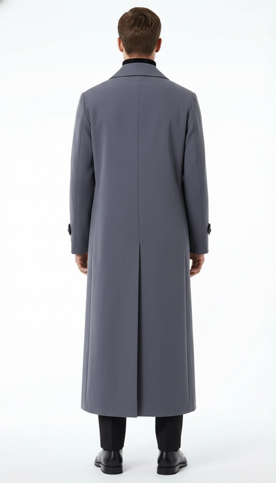 Mens Full-Length Charcoal Grey Overcoat Premium Microfiber Blend Long Dress Coat for Winter and Formal Wear in Gray Color