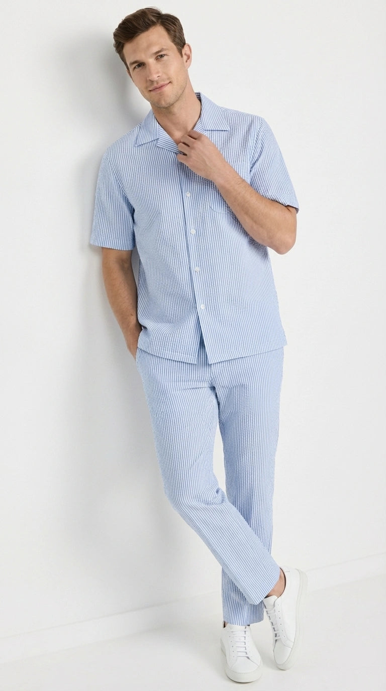 Mens Light Blue Seersucker Walking Suit Set – Casual Summer Short Sleeve Outfit with Matching Pants Lightweight Two Piece Set - S