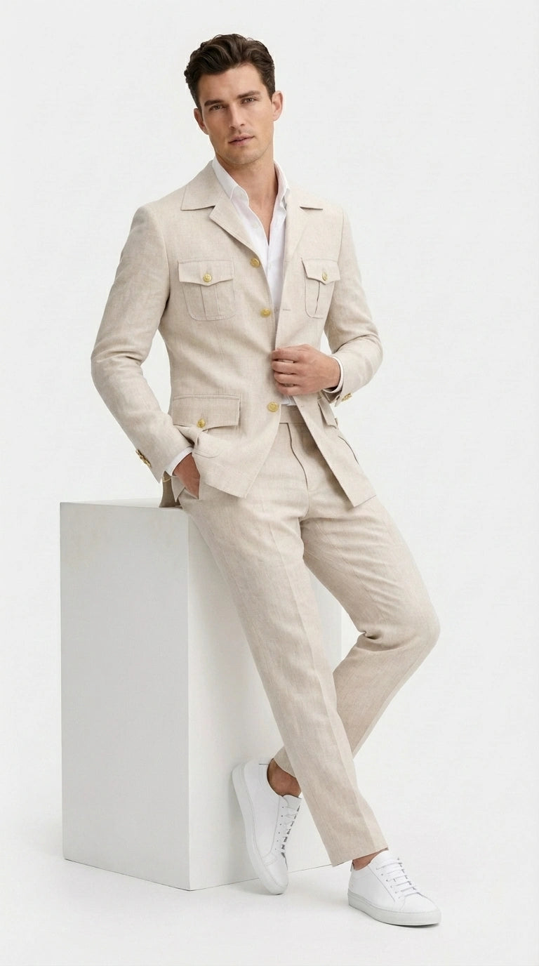 Mens Tan Beige Safari Military Walking Suit Set – Casual Two Piece Outfit Lightweight Summer Blazer and Pants Set Classic Casual Wear - 34 Short or Extra Small