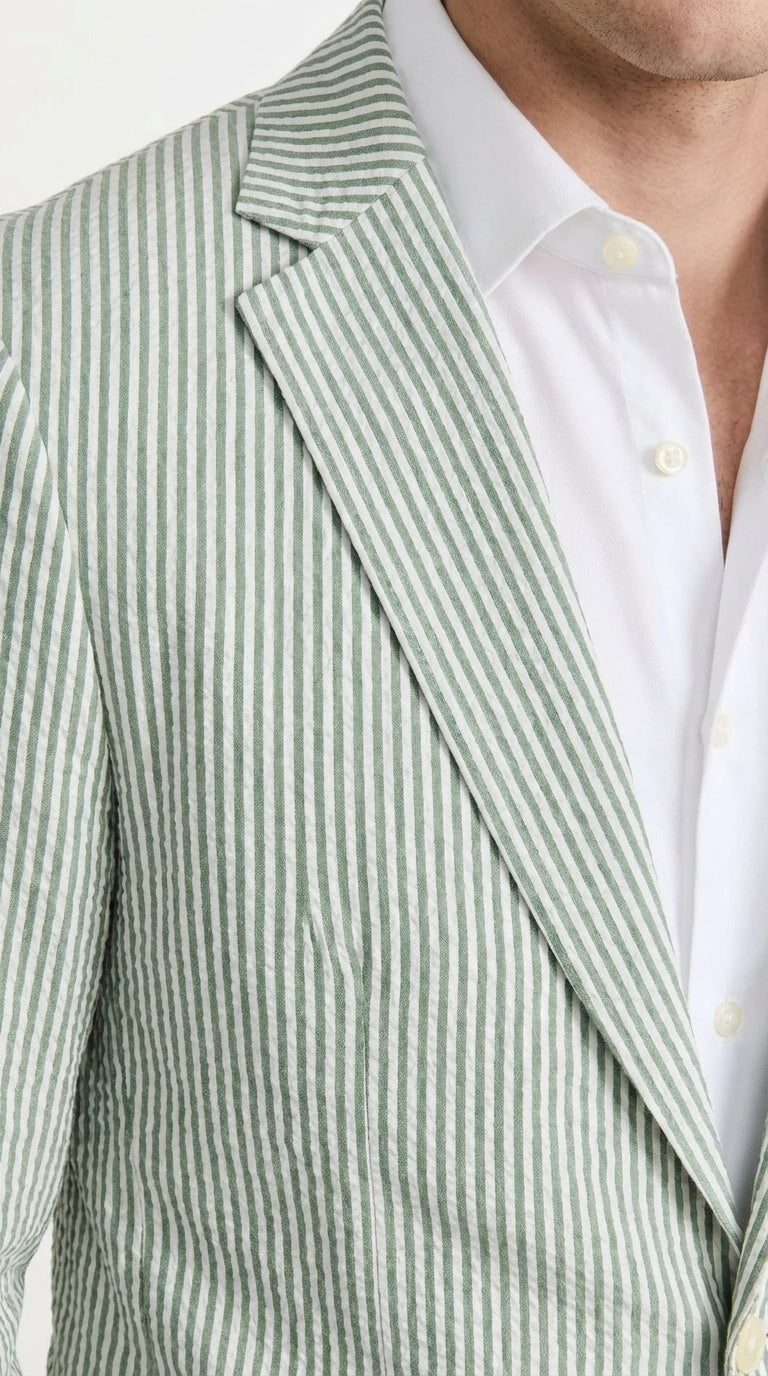 Mens Sage Green Seersucker Blazer – Lightweight Striped Summer Sport Coat Casual Smart Formal Jacket - 36 Short