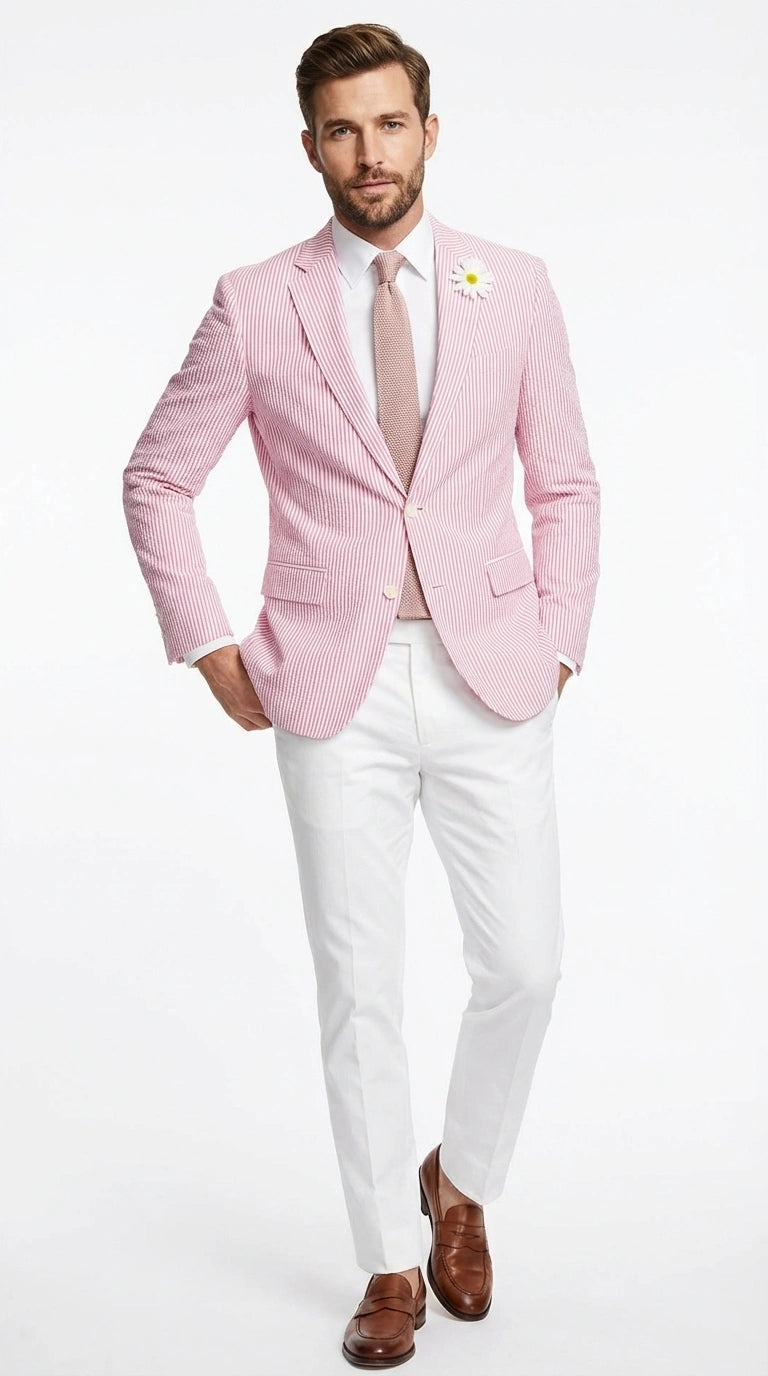 Mens Pink Seersucker Blazer – Lightweight Striped Summer Sport Coat Casual Smart Formal Jacket - 36 Short