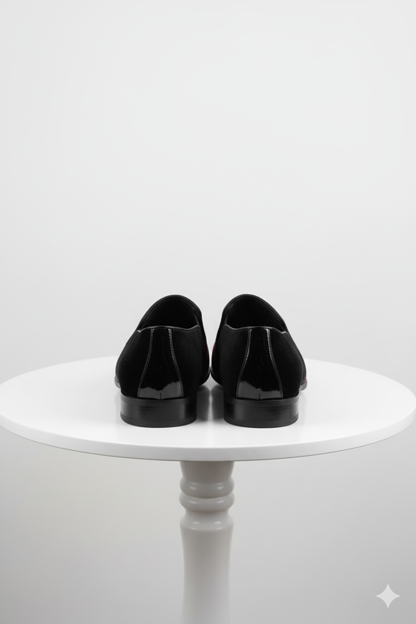 Men’s Red Glitter Tuxedo Loafers – Shiny Slip-On Dress Shoes with Black Patent Toe for Parties and Formal Events - 6