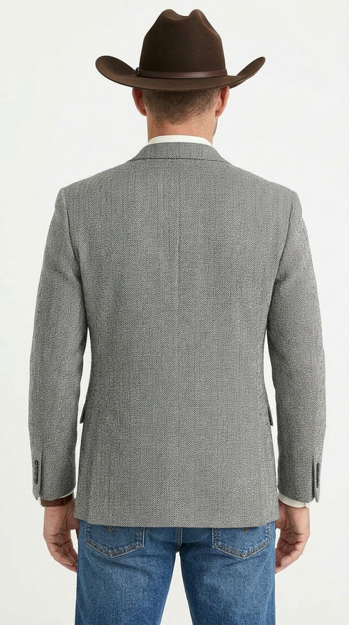 Men’s Light Grey & Black Herringbone Western Blazer – Cowboy Sport Coat Jacket