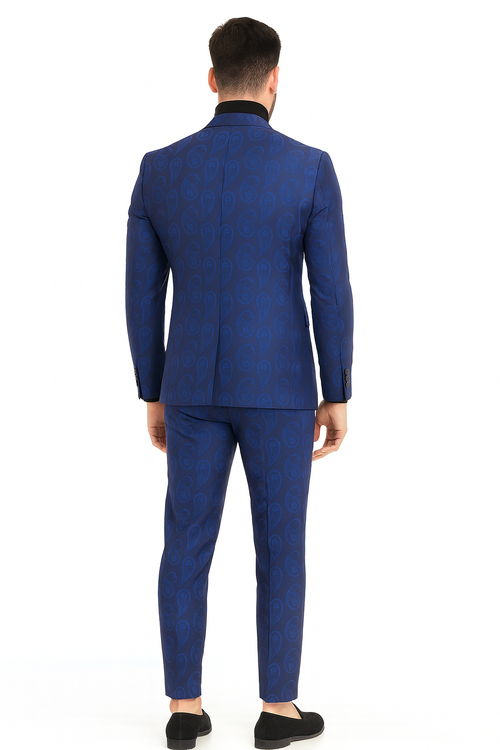 Mens Sapphire Blue Paisley 3-Piece Suit Slim Fit Designer Tuxedo Set for Weddings and Formal Events in Cobalt Blue Color