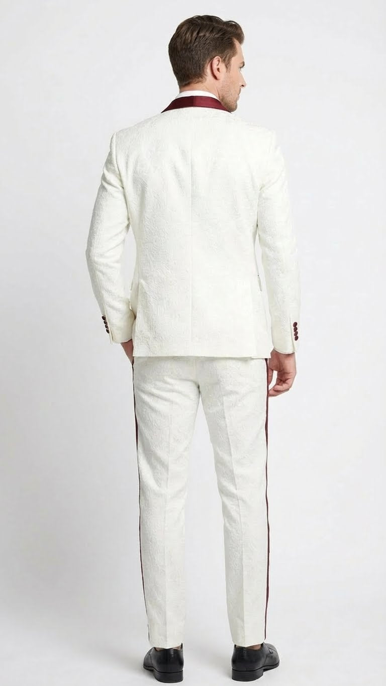 Men’s Ivory and Burgundy Jacquard Tuxedo Suit – Luxury Slim Fit 3-Piece Formal Wedding, Prom, and Gala Outfit in Cream Off White Color - 34 Short or Extra Small