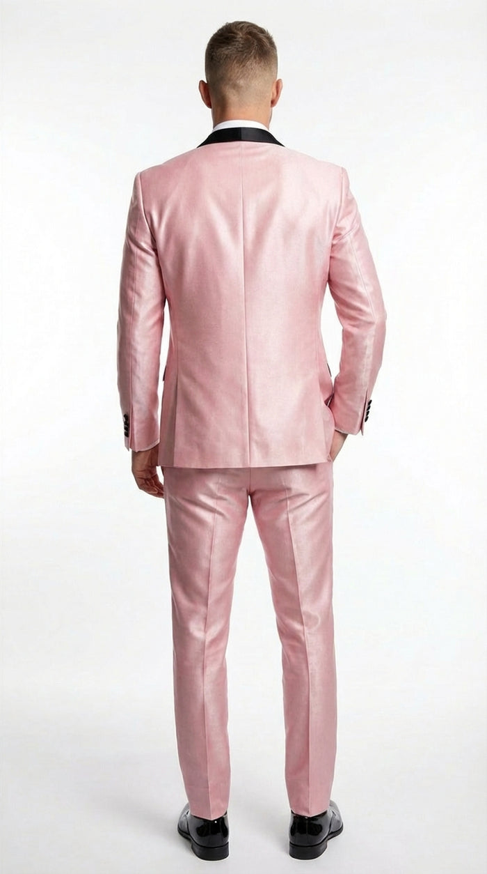 Mens Blush Pink Shiny 3 Piece Suit with Black Shawl Lapel | Light Pink Prom Suit Sharkskin Fabric - Ultra Slim Fit