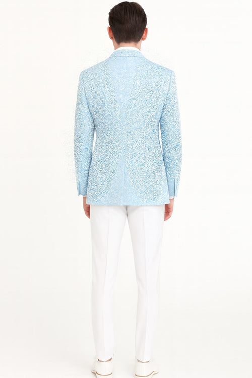 Mens Light Blue Paisley Tuxedo Jacket with Matching Bow Tie Slim Fit Blazer for Weddings, Prom, and Formal Events