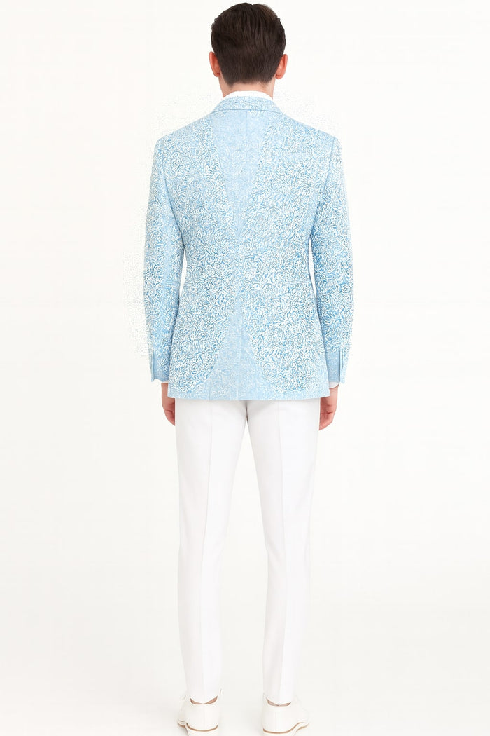 Mens Light Blue Paisley Tuxedo Jacket with Matching Bow Tie Slim Fit Blazer for Weddings, Prom, and Formal Events