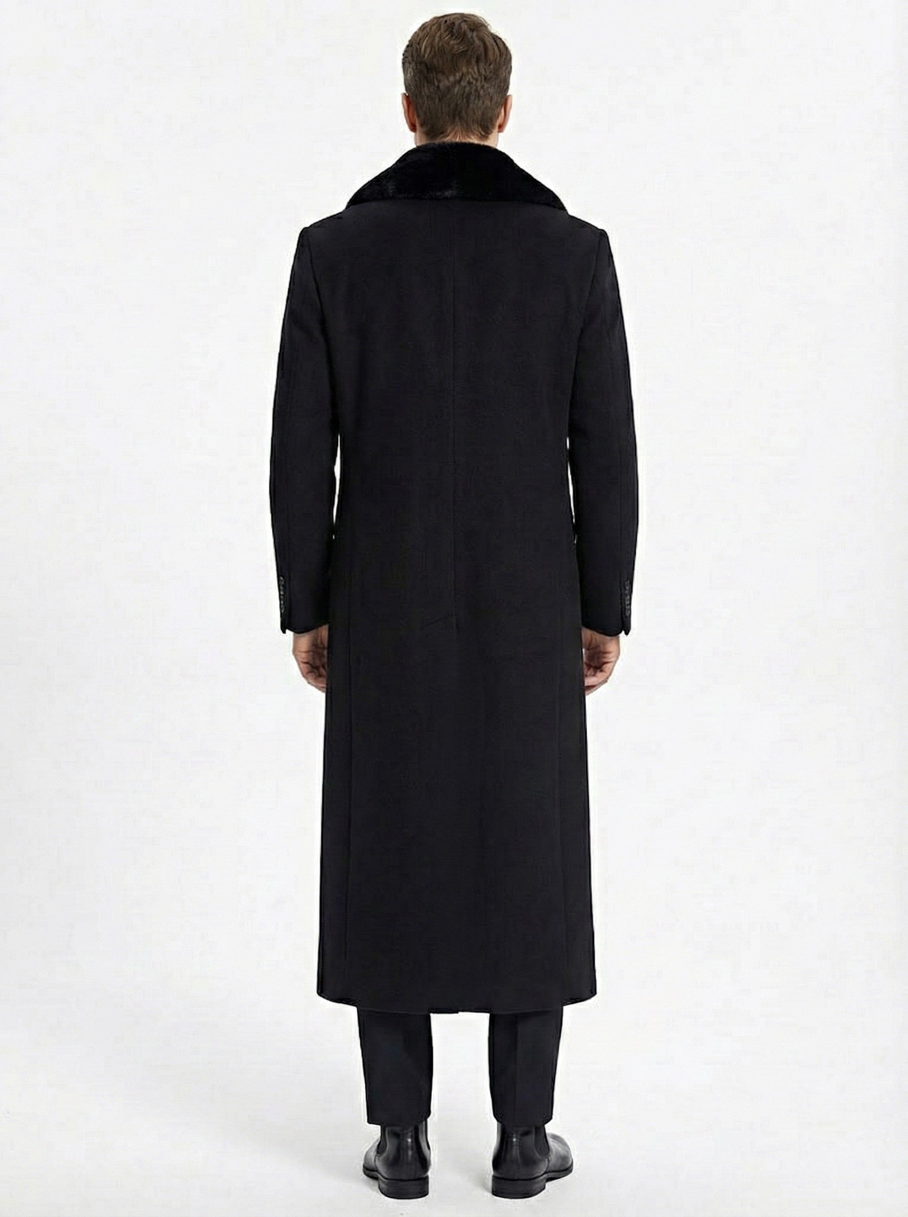 Mens Black Long Overcoat with Faux Fur Collar, Full Length Winter Topcoat for Formal and Business Wear
