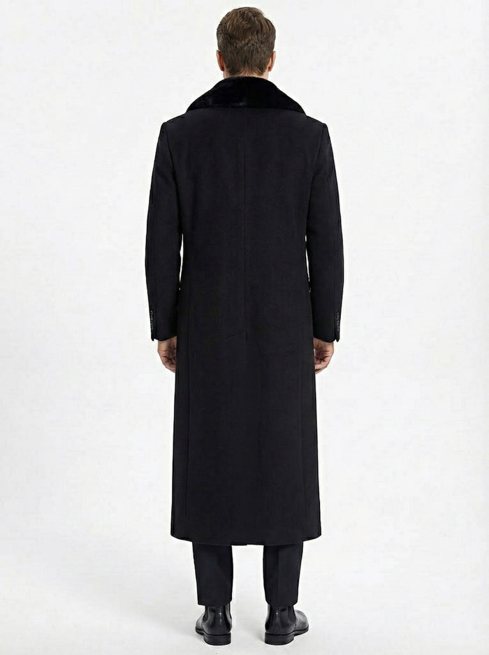 Mens Black Long Overcoat with Faux Fur Collar, Full Length Winter Topcoat for Formal and Business Wear