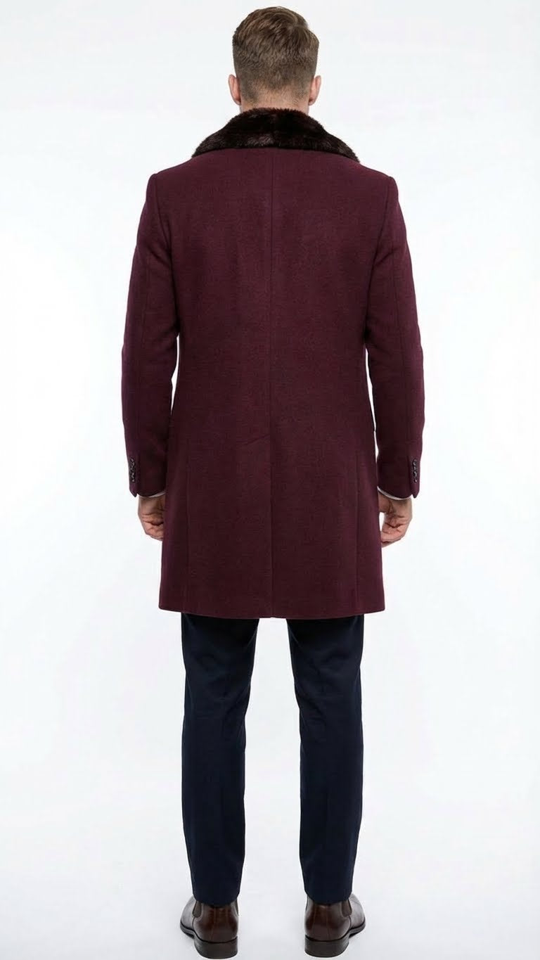 Mens Burgundy Three Quarter Coat with Faux Fur Collar Overcoat Luxury Winter Outerwear Three Quarter Carcoat Topcoat - Coat Size 38