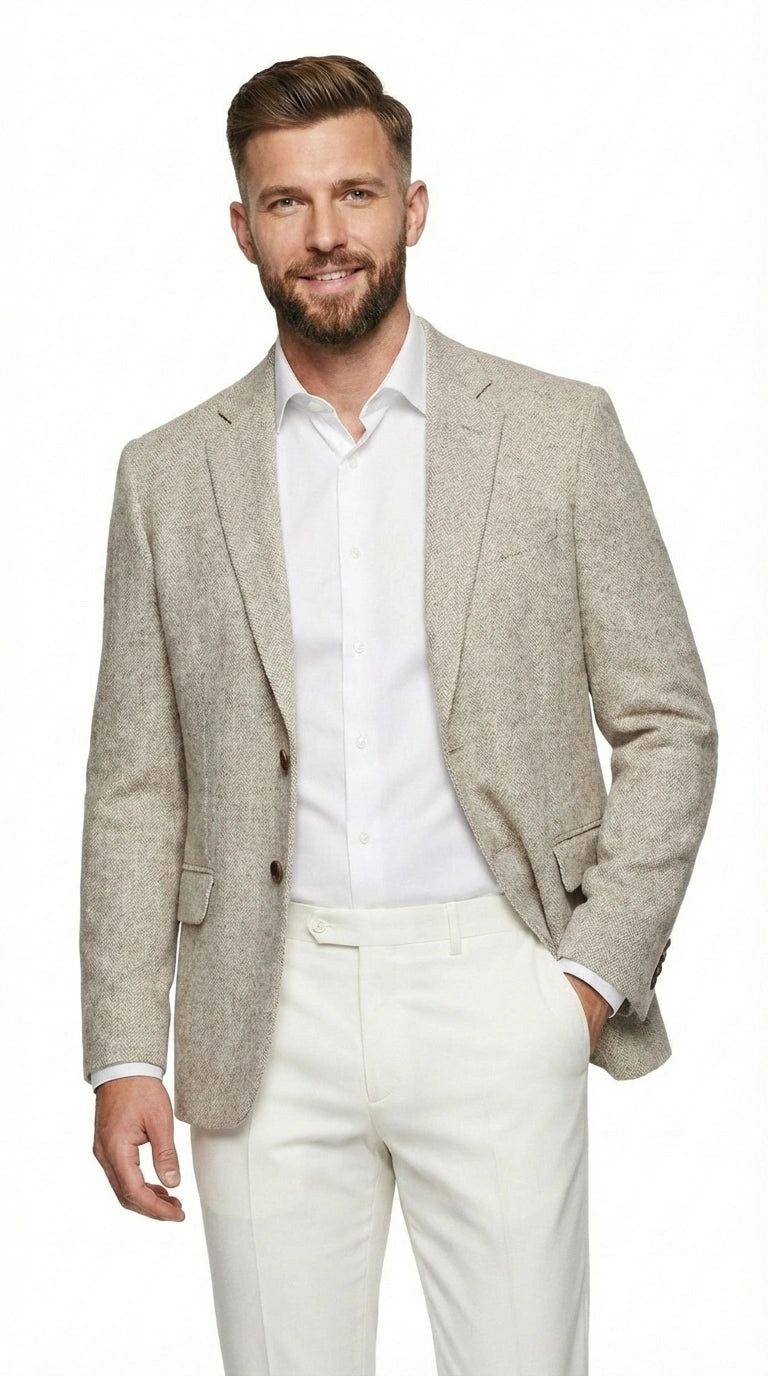 Men’s Light Tan Tweed Blazer – Classic Herringbone Sport Coat, Beige Casual Formal Jacket, Vintage Style Business & Smart Casual Wear - 36 Short