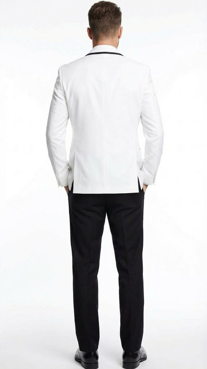 Mens White Blazer with Black Trim | Wedding and Party Formal Blazer Jacket - White Tuxedo Prom Jacket