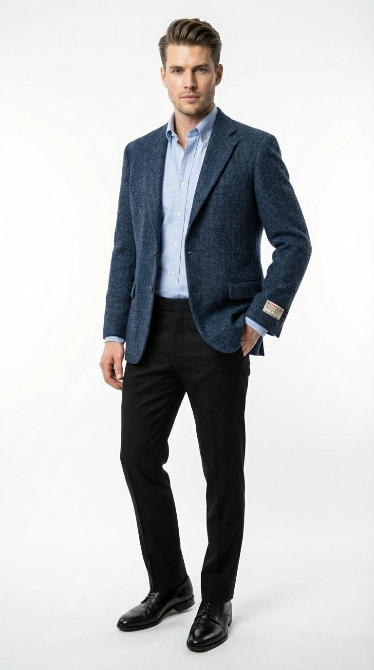 Mens Light Blue Tweed Blazer Sport Coat – Classic Herringbone Jacket Formal Business Casual Smart Outerwear in indigo cobalt blue - 36 Short