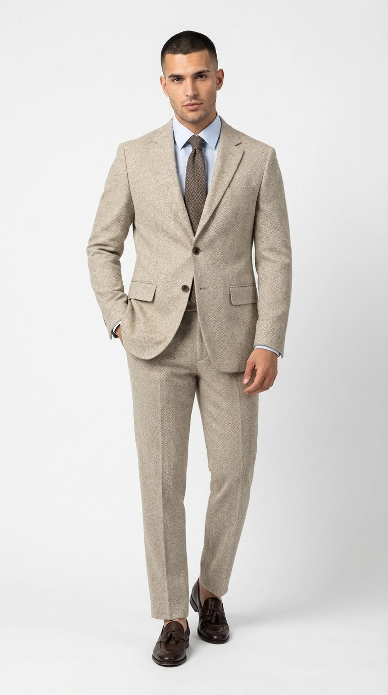 Men’s Light Tan Tweed Suit – Classic Beige Two Piece Suit, Herringbone Formal Wear, Vintage Style Business & Wedding Outfit for Men - 34 Short or Extra Small