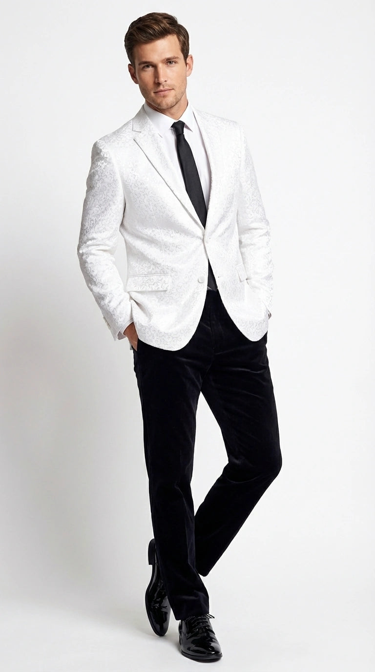 Men’s White Disco Blazer 1980s Sequin Style Jacket – Lapel Collar Party Blazer, Formal Evening Wear, Halloween Masquerade Club Outfit - 36 Short