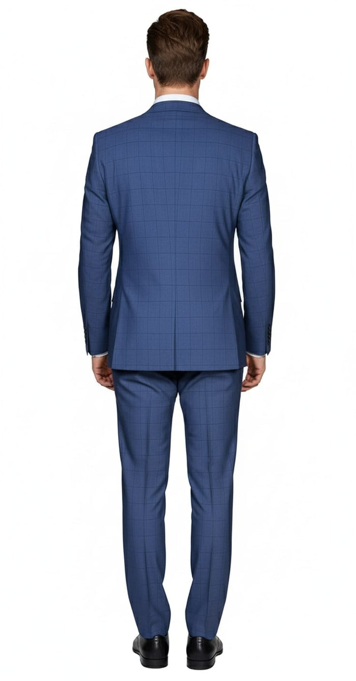 Mens Indigo Navy Blue Windowpane Check Suit Classic 2-Piece Formal Business and Wedding Wear Set in Cobalt Blue