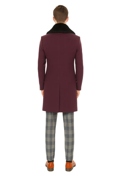 Mens Purple Pimp Coat - Overcoat with Black Faux Fur Collar Luxury Winter Dress Coat for Formal and Casual Wear