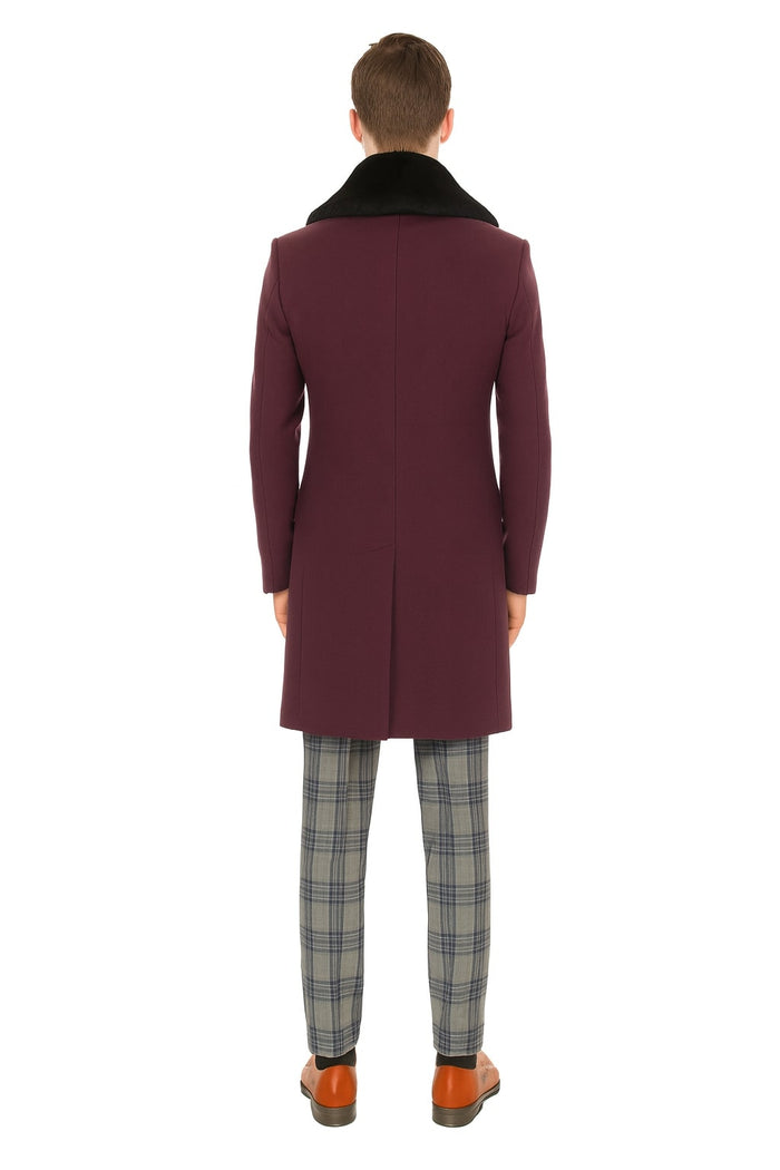 Mens Purple Wool Overcoat with Black Faux Fur Collar Luxury Winter Dress Coat for Formal and Casual Wear