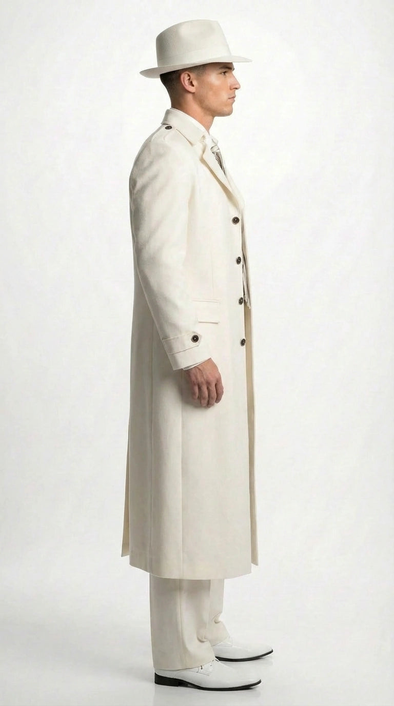 Men’s Ivory Cream Off White  Full Length Zoot Suit – Vintage Gangster Style Long Coat Formal Suit - Coat Size 38