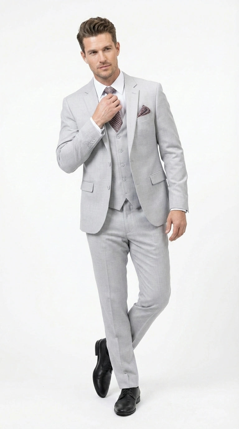 Men’s Light Grey Sharkskin 3 Piece Suit – Two Button Vested Modern Formal Business Suit for Wedding in silver Ice Gray - 34 Short or Extra Small