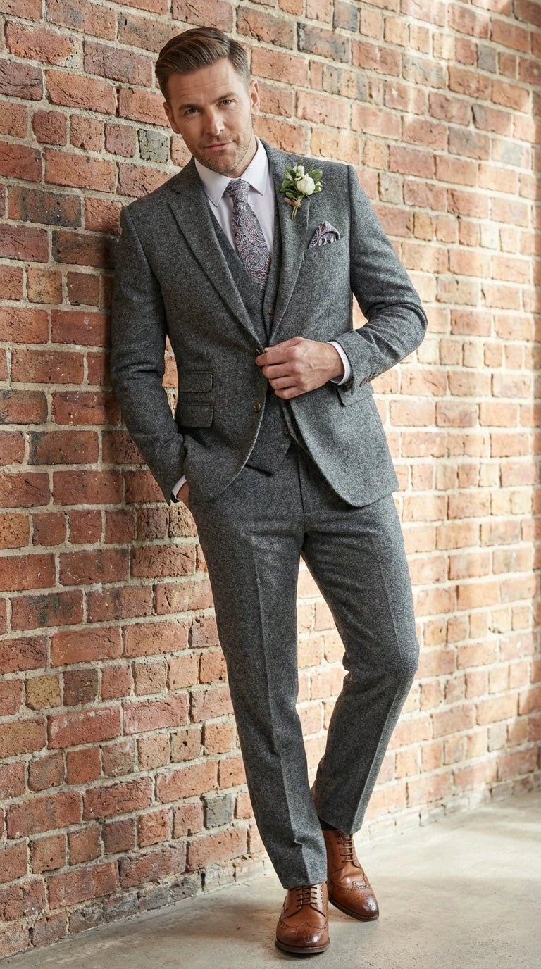 Men’s Peaky Blinder Light Grey Tweed Suit with Vest – Classic Three Piece Formal Suit, Vintage Wedding Business Outfit - 34 Short or Extra Small
