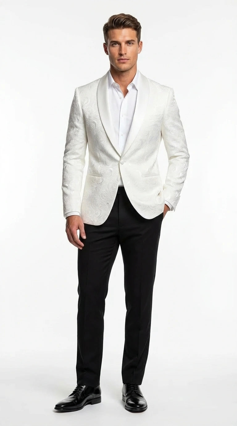 Men’s White Paisley Disco Blazer 1980s Style Jacket – Shawl Lapel Formal Party Blazer, Elegant Masquerade Club Wear, Stylish Evening Outfit - 36 Short