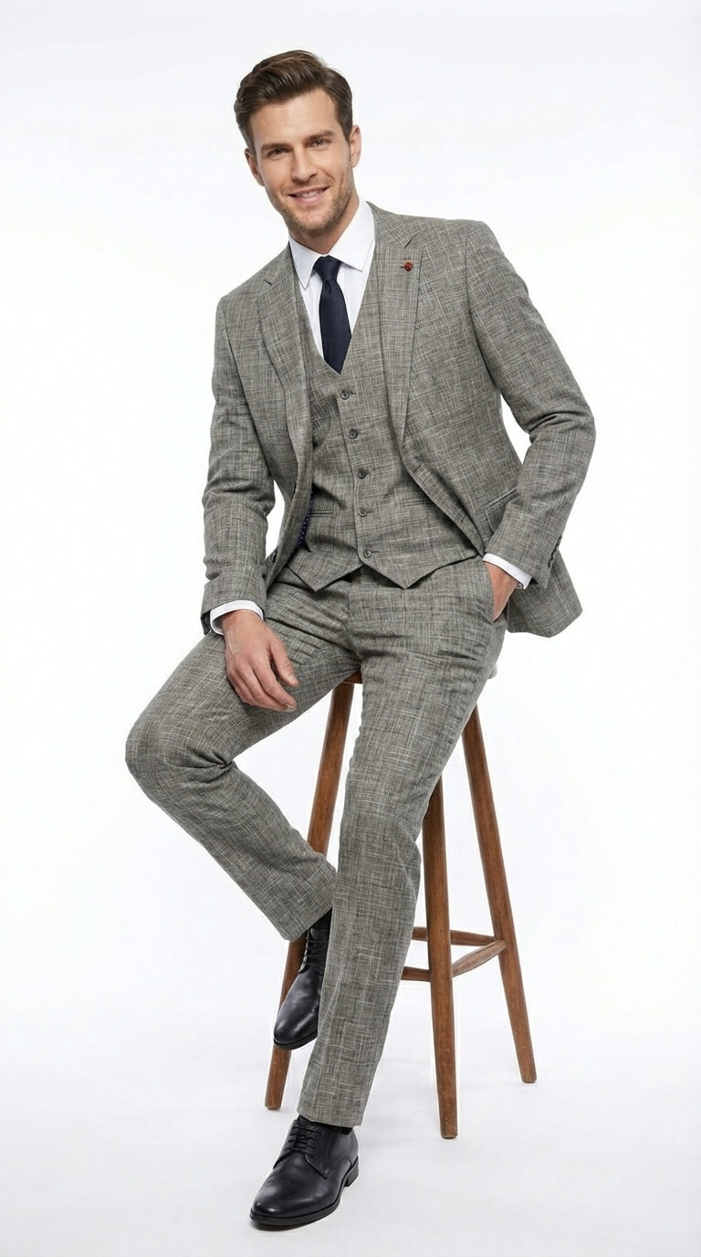 Vitali Brand Men’s Grey Textured Patterned 3 Piece Suit – Modern Fit Checkered Sharkskin with Blazer, Vest & Trousers, Business Wedding - 34 Short or Extra Small