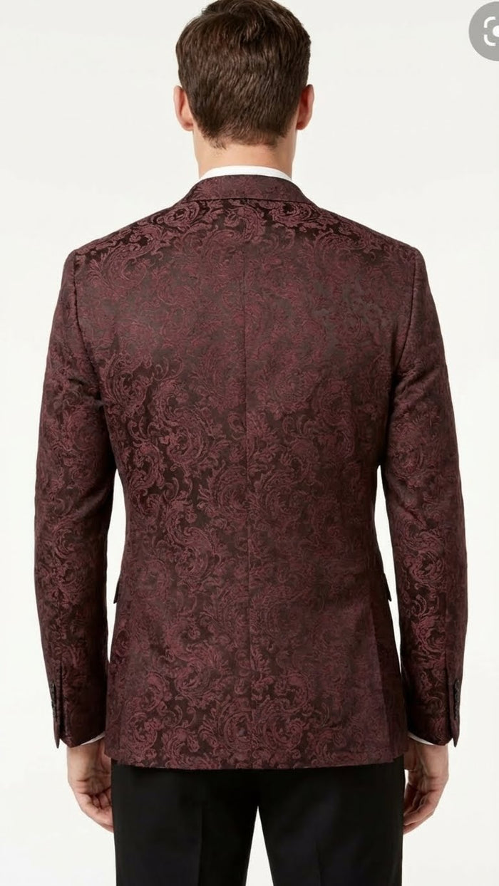 Mens Burgundy Paisley Blazer Sport Coat Velvet Dinner Jacket floral in Maroon Wine Color Ultra Slim Fit Smoking Jacket