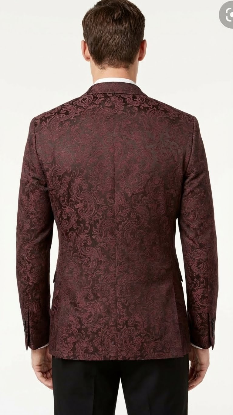 Men’s Burgundy Paisley Blazer Sport Coat – Velvet Dinner Jacket floral in Maroon Wine Color Ultra Slim Fit Smoking Jacket - 36 Short
