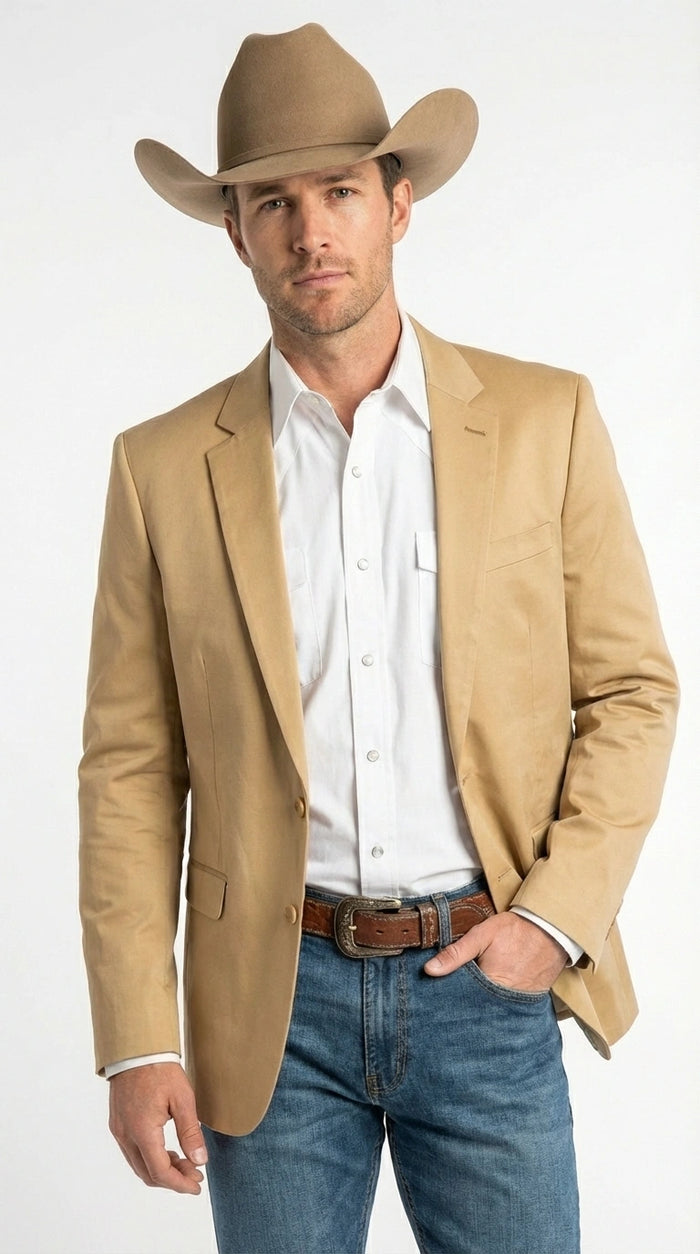 Men’s Tan Camel British khaki Western Blazer – Two Button Classic Casual Sport Coat - Cowboy Country Coat