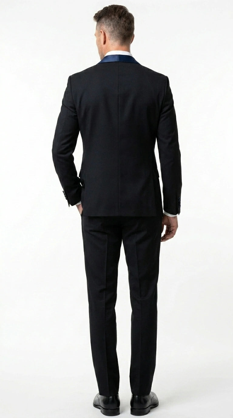 Men’s Black Suit with Navy Blue Lapel – Elegant Formal Tuxedo Style Suit for Wedding, Prom, Party and Evening Wear - 34 Short or Extra Small