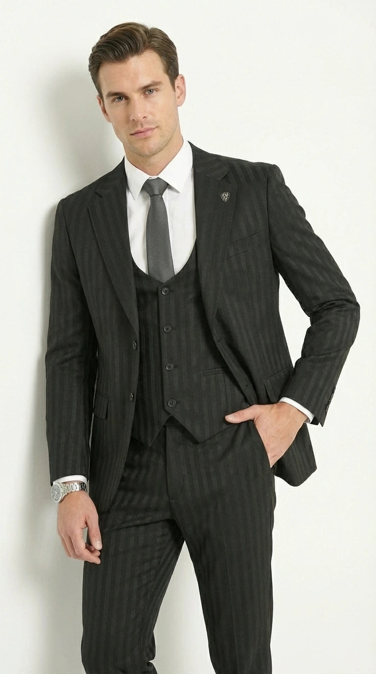 Men’s Black Pinstripe 3 Piece Suit – Vested Formal Business Suit for Wedding, Office, Prom and Party Wear - 34 Short or Extra Small