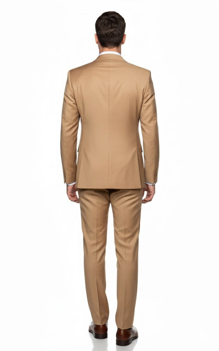 Mens Camel - Bronze - Goldish khaki Double-Breasted Suit Luxury 2-Piece Formal Set with Gold Buttons and Peak Lapels by Rossi Man