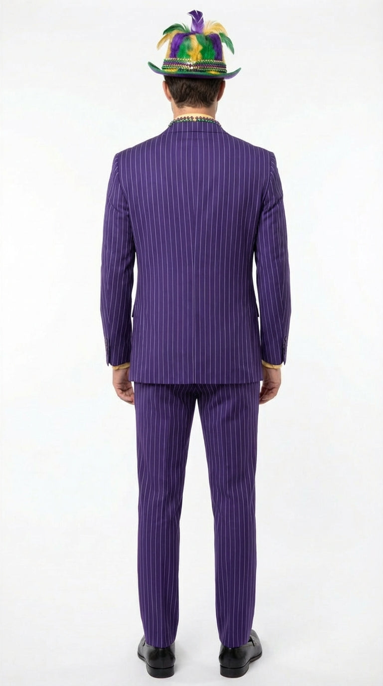 Mens Purple Pinstripe Mardi Gras Suit | Three Piece Carnival Formal Suit with Vest