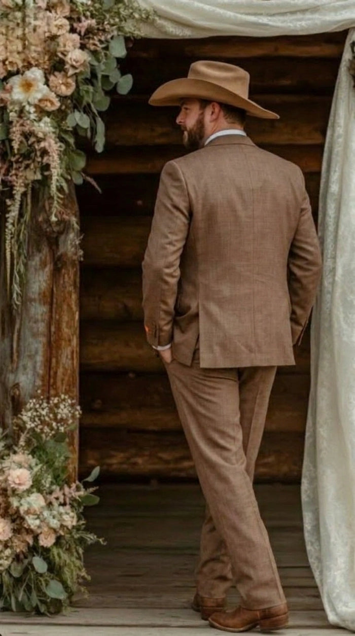 Men’s Light Brown Western 3 Piece Suit – Classic Country Style Blazer Vest Pants Set, Formal Cowboy Suit Toast
