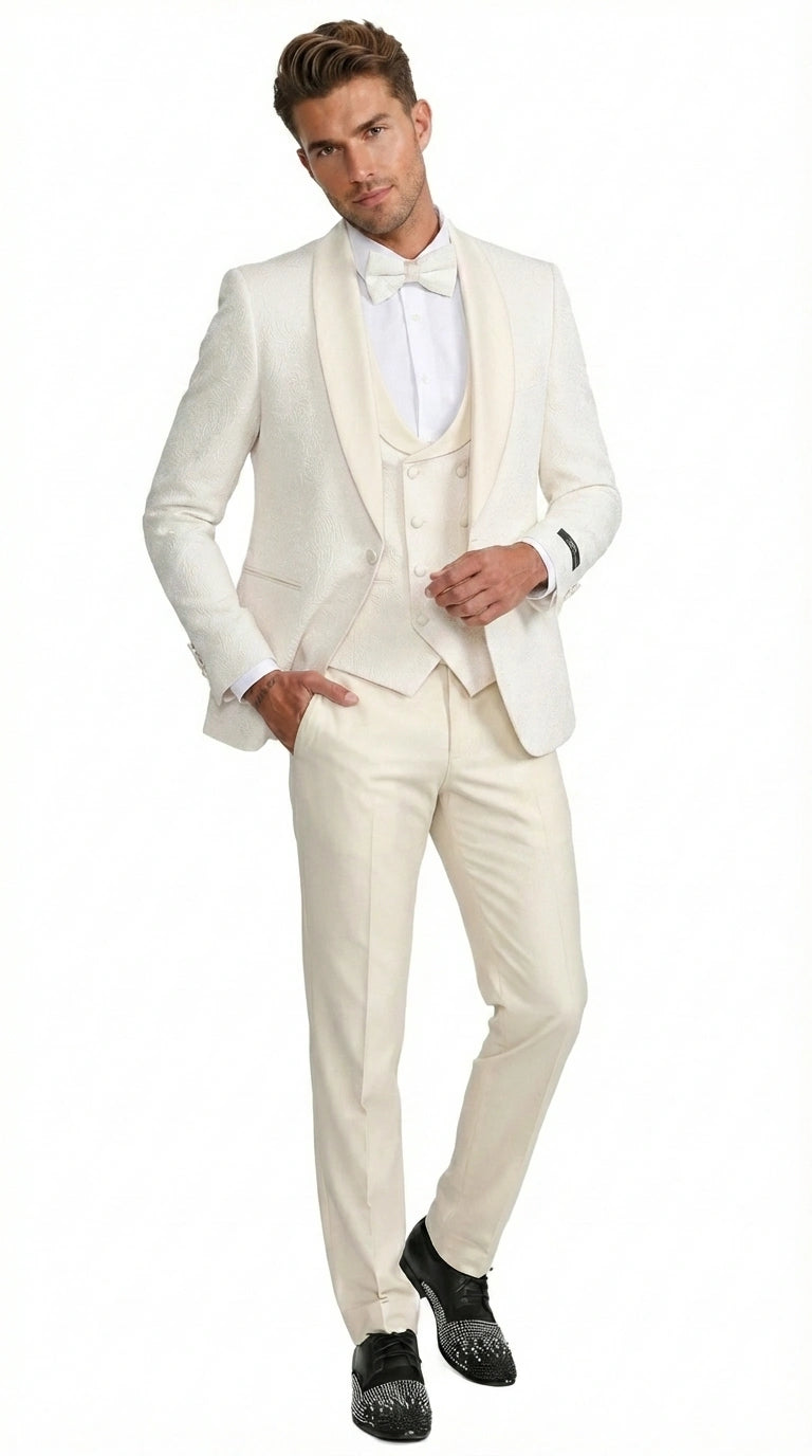 Men’s Ivory Paisley Tuxedo Suit 3 Piece – One Button Vested Satin Formal Suit for Wedding in Off white Cream Color - 40