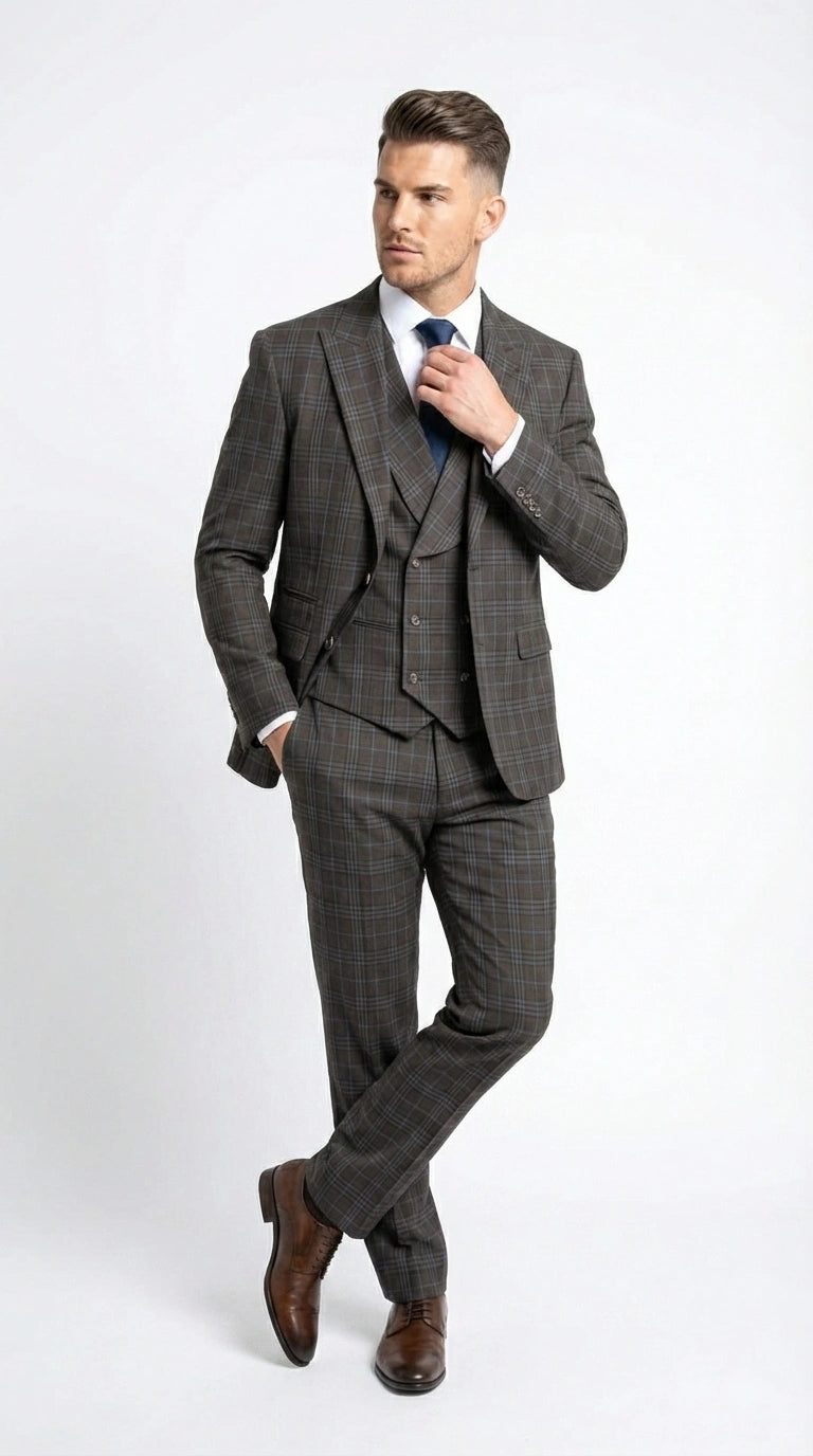 Vitali Men’s Brown Grey with blue Check 3 Piece Suit – Classic Plaid Formal Suit Set with Blazer, Vest & Trousers, Business Wedding Party Wear for Men Modern Fit - 34 Short or Extra Small