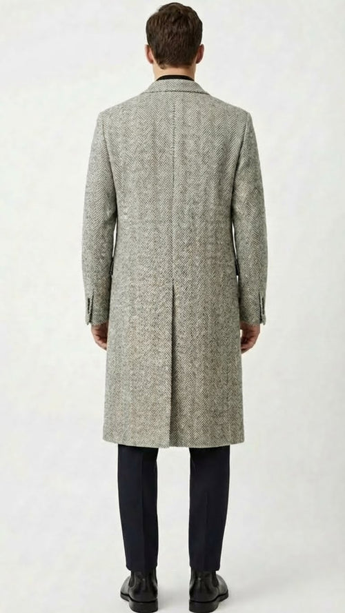 Mens Grey Herringbone Long Overcoat Tweed Black and White Pattern Wool Topcoat Three Qaurter