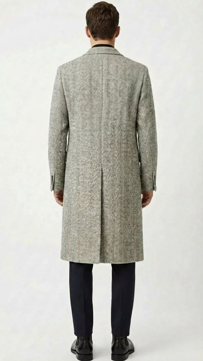 Mens Grey Herringbone Long Overcoat Tweed Black and White Pattern Wool Topcoat Three Qaurter