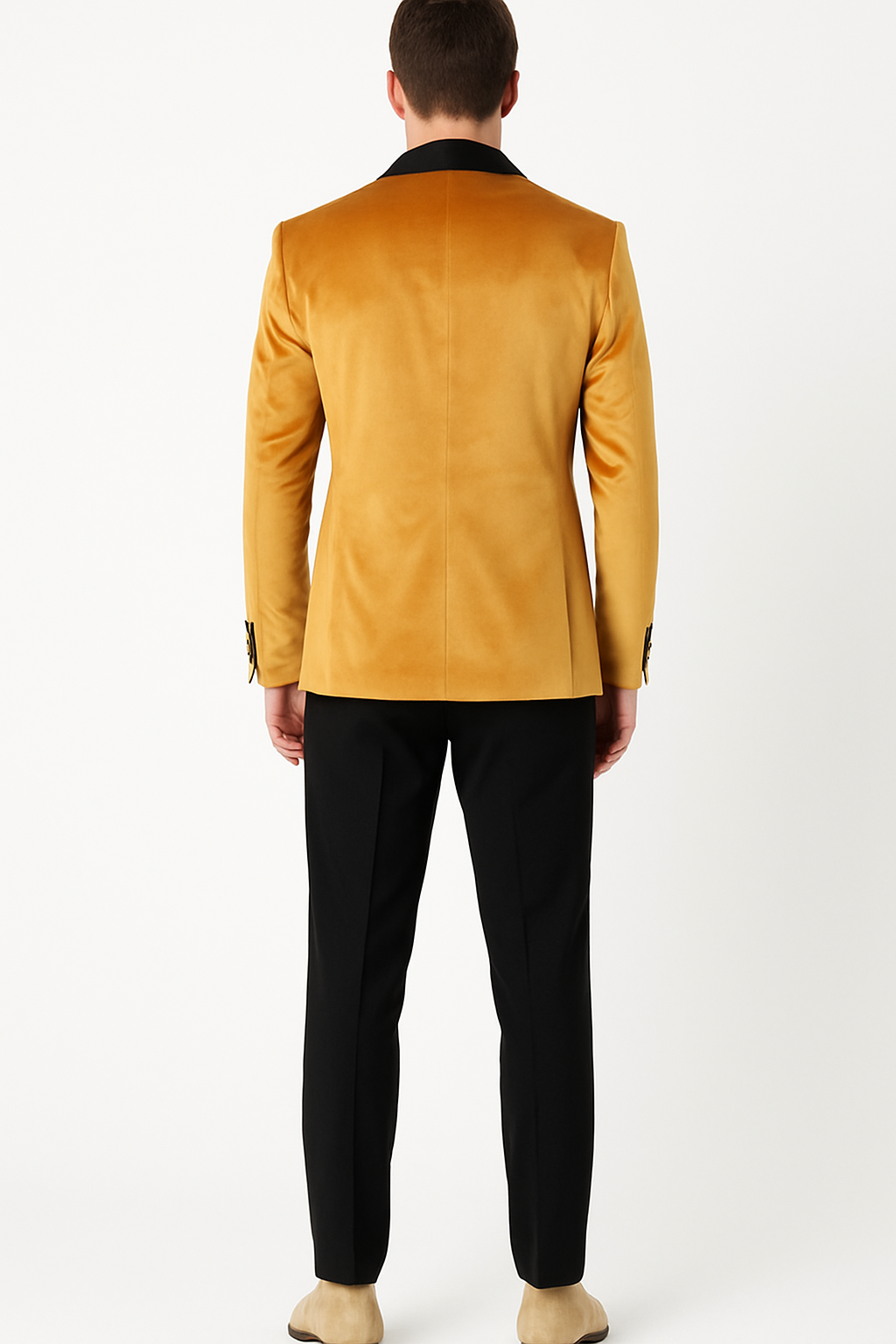 Men’s Mustard Gold Velvet Tuxedo Jacket – Slim Fit Dinner Blazer with Black Satin Shawl Lapel + Free Black Pants & Bowtie - 34 Short or Extra Small