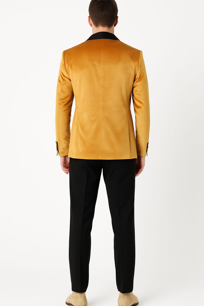 Mens Mustard Gold Velvet Tuxedo Jacket Slim Fit Dinner Blazer with Black Satin Shawl Lapel + Free Black Pants & Bowtie