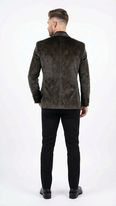 Mens Crocodile Alligator Exotic skin Texture Blazer Slim Fit Designer Jacket with Satin Lapels for Formal and Party Wear in Black Color