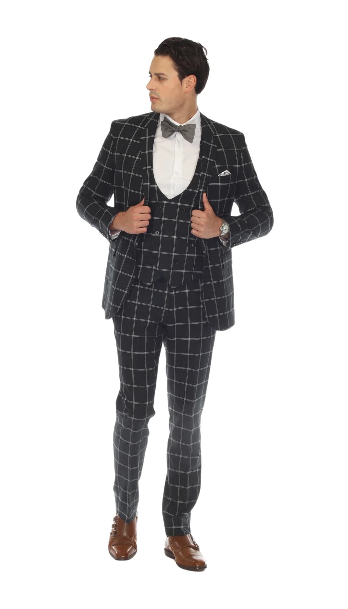 Mens Plaid Suit - Black Windowpane Suit - 1920 Suits - 34 Short or Extra Small