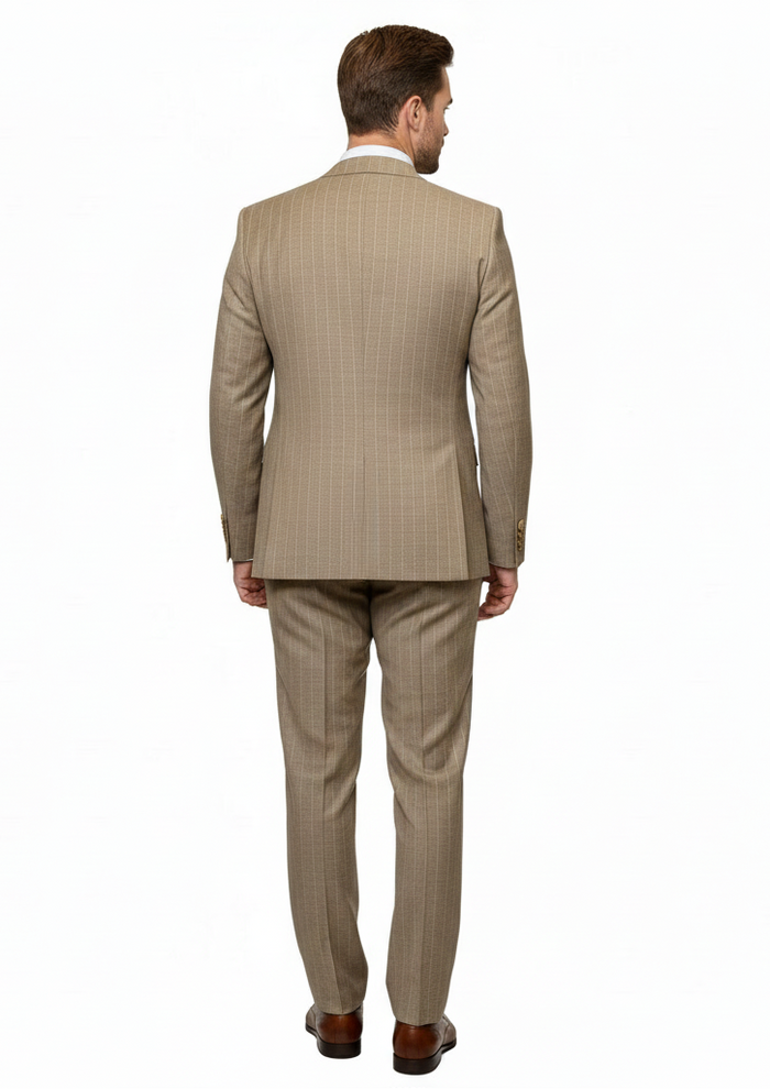 Mens Beige Pinstripe Three-Piece Suit Classic Fit Formal Suit with Vest and Flat-Front Pants in Tan Stripe By Rossiman