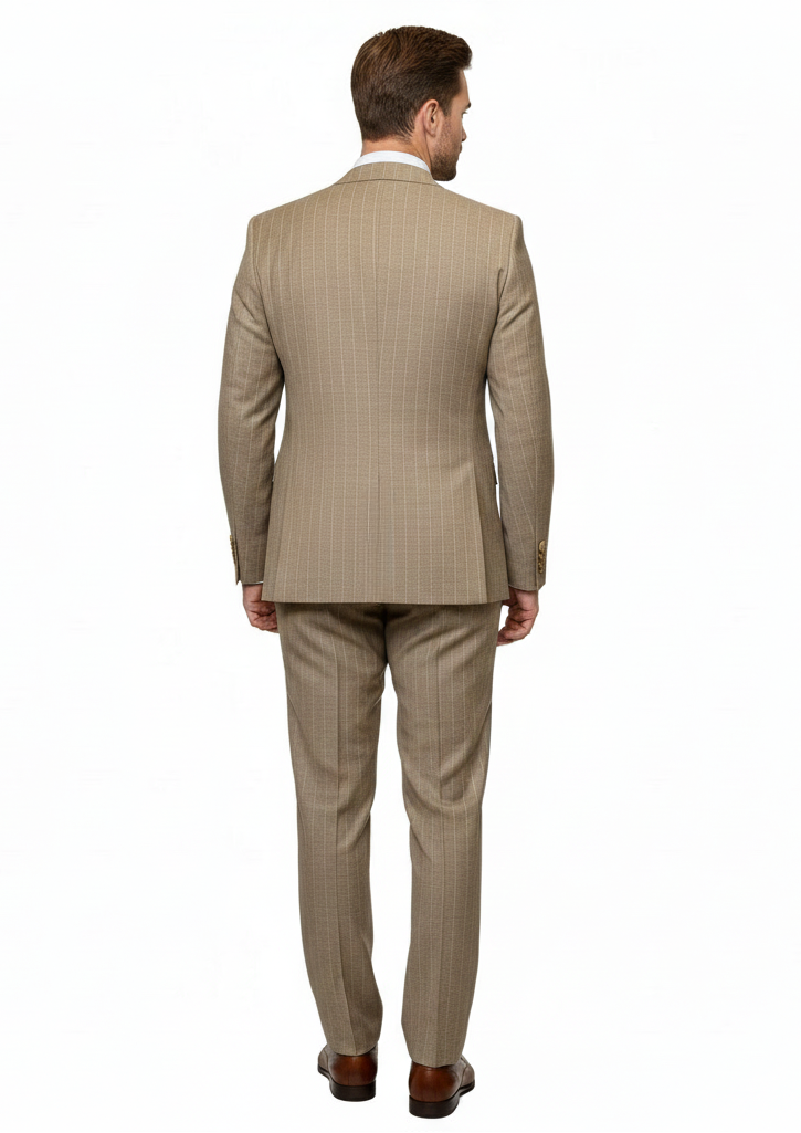 Men’s Beige Pinstripe Three-Piece Suit – Classic Fit Formal Suit with Vest and Flat-Front Pants in Tan Stripe By Rossiman - 34 Short or Extra Small