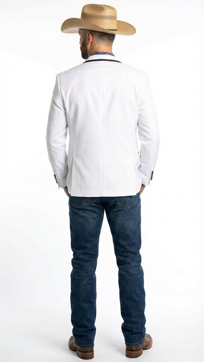 Mens White Western Blazer with Black Trim Classic Cowboy Style