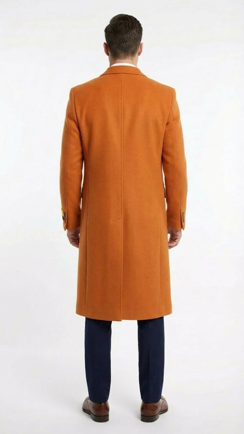 Mens Orange - Rust Wool Blend Long Overcoat Topcoat Carcoat Topcoat